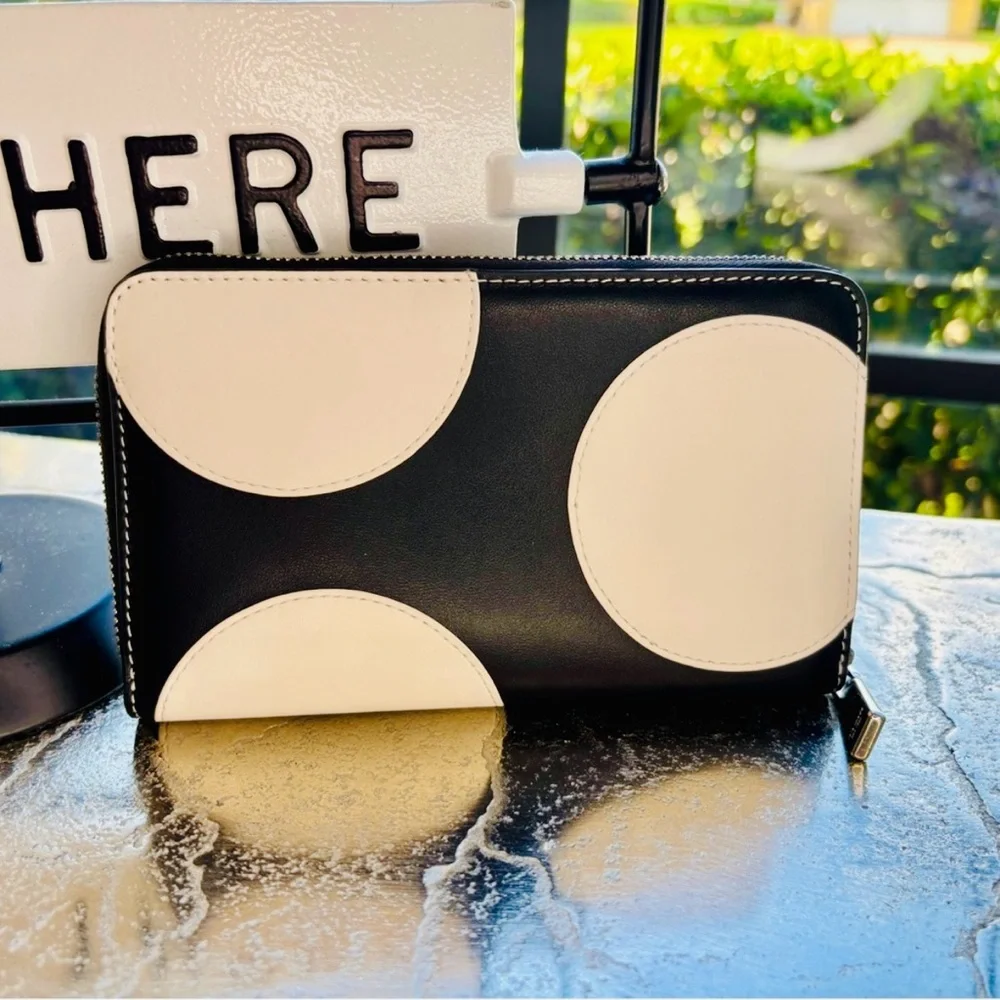 Kate Spade Black and White polkadot Wallet with silky lime green interior - EUC